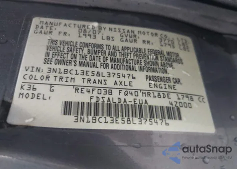 2008 Nissan Versa 1.8S z USA, uszkodzony, nr VIN 3N1BC13E58L375476